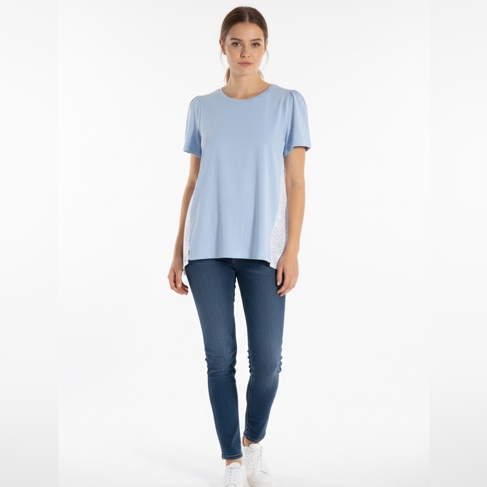 ME+EM Powder Blue Eyelet Mixed Media Puff Sleeve Top (L?)